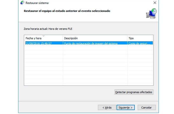punto de restauración de Windows 10