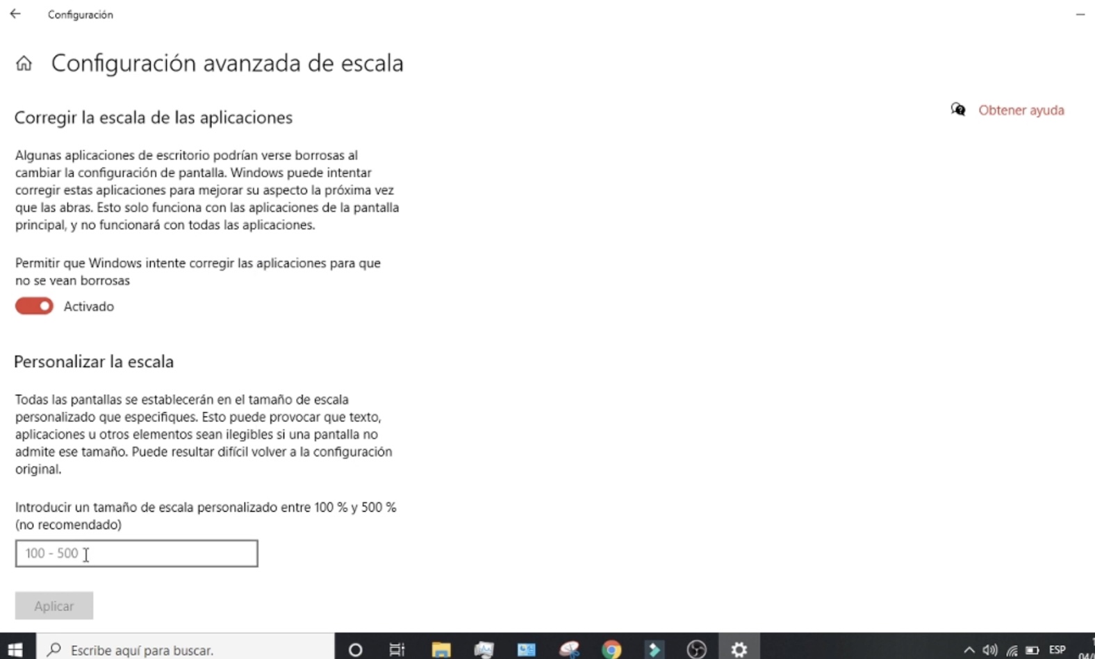 cambiar tamaño letra avanzado Windows 10