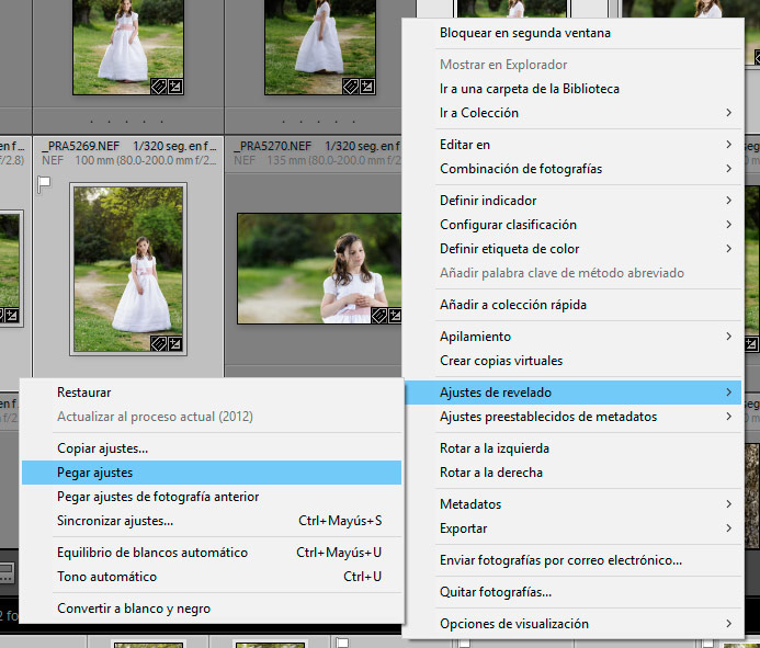 como copiar ajustes en lightroom