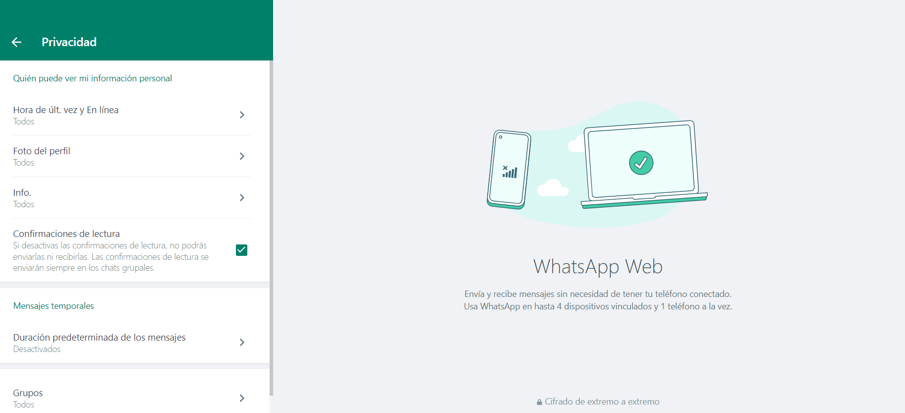 activar/desactivar el doble check azul en WhatsApp Web