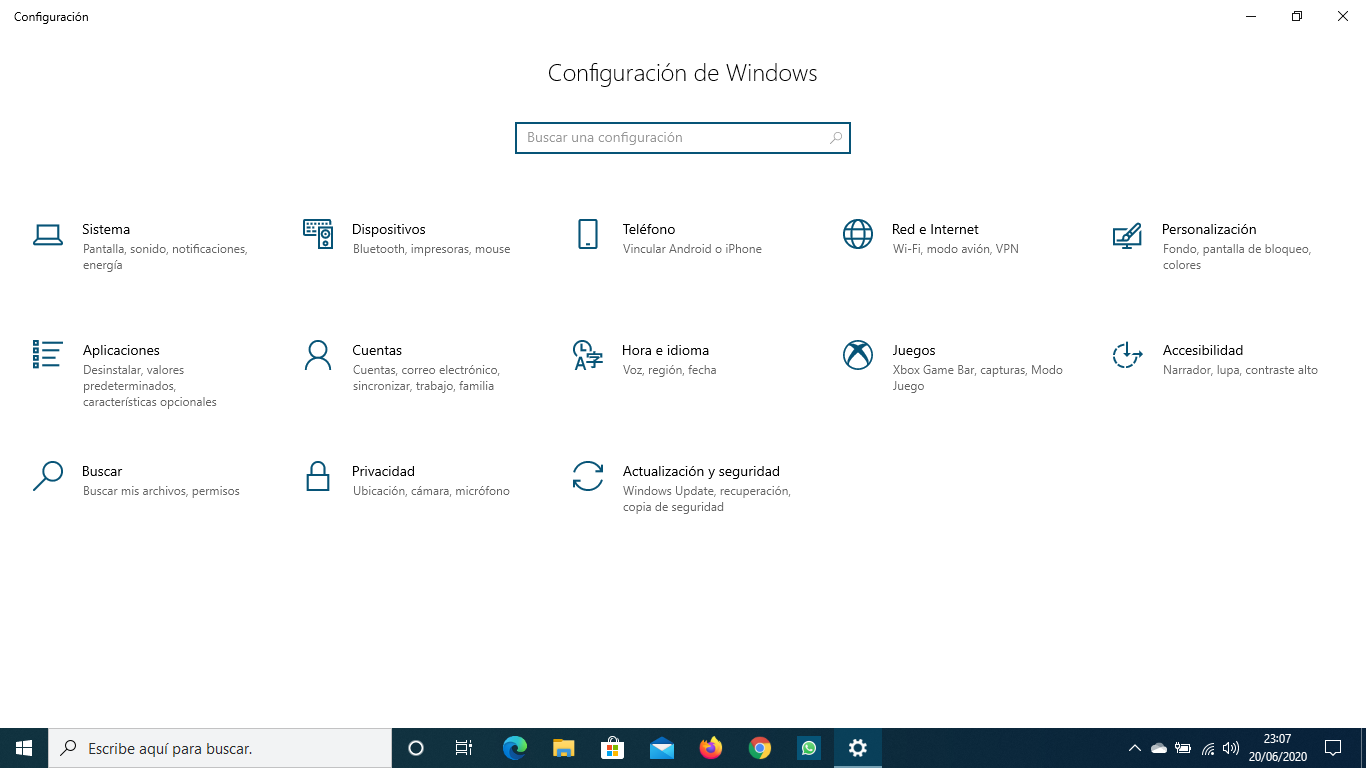 Menú de configuración de Windows 10