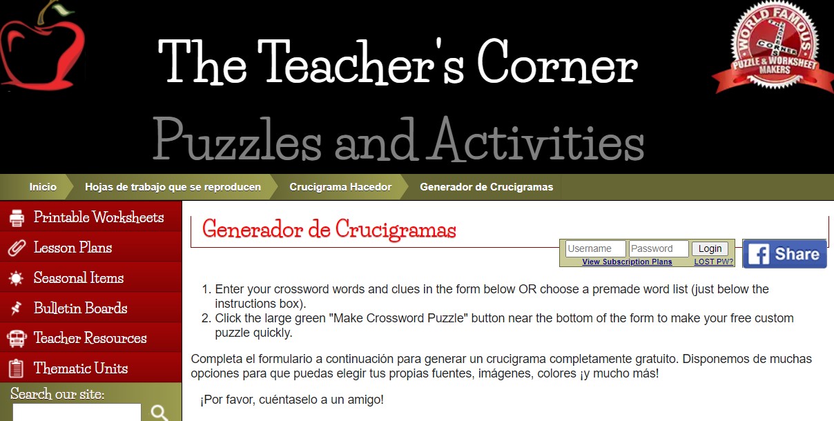 The Teacher’s Corner crucigrama