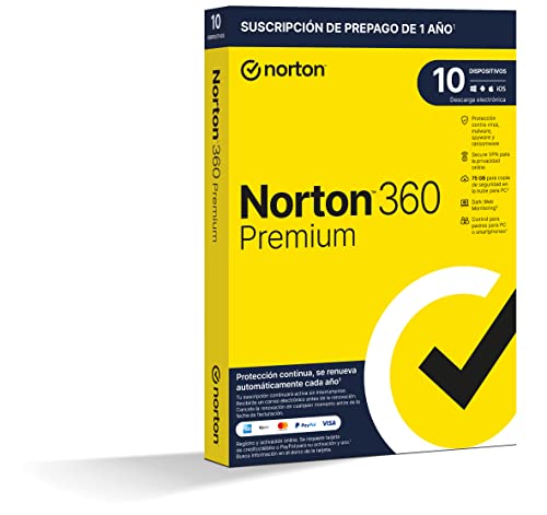 Norton 360 Premium 2023 - Antivirus software para 10 Dispositivos y 1 año de suscripción con renovación automática, Secure VPN y Gestor de contraseñas, para PC, Mac tableta y smartphone