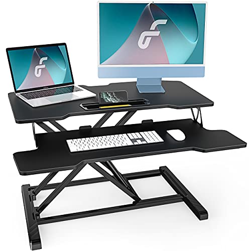 Fenge Standing Desk Converter de 2 Niveles 32''/80cm Altura Ajustable Convertidor de Escritorio de Pie para Doble Monitor con Bandeja de Teclado Profunda y Ranura de Almacenamiento (Negro)
