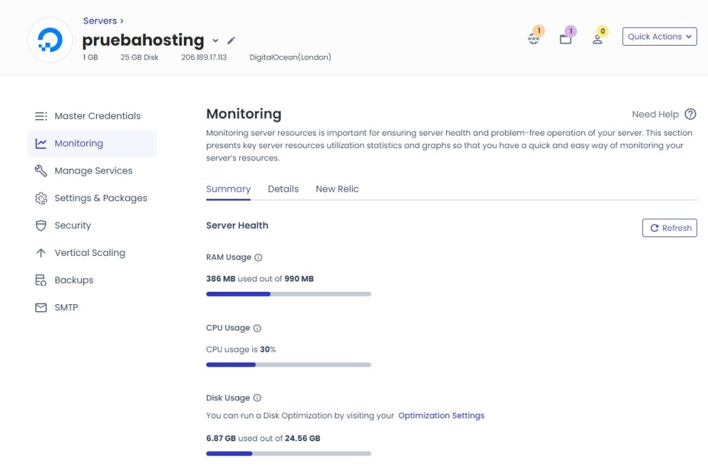 Monitoreo en Cloudways