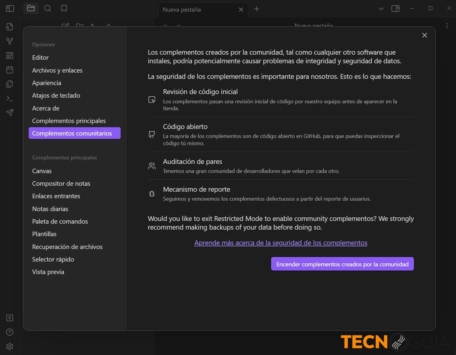 Complementos comunitarios en Obsidian